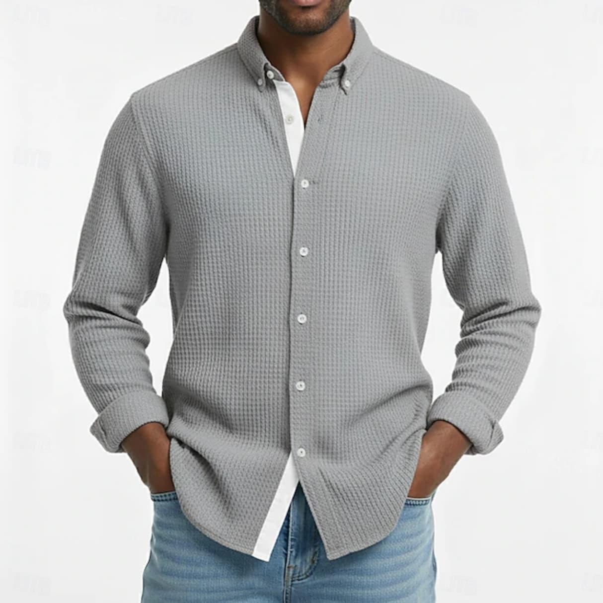 Mens Waffle-knit Long-sleeve Loose-fit Shirt Cardigan