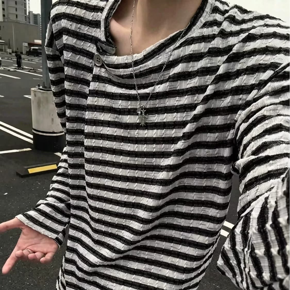 Striped Pullover Top Men's Loose-Fit Versatile Long-Sleeve T-Shirt
