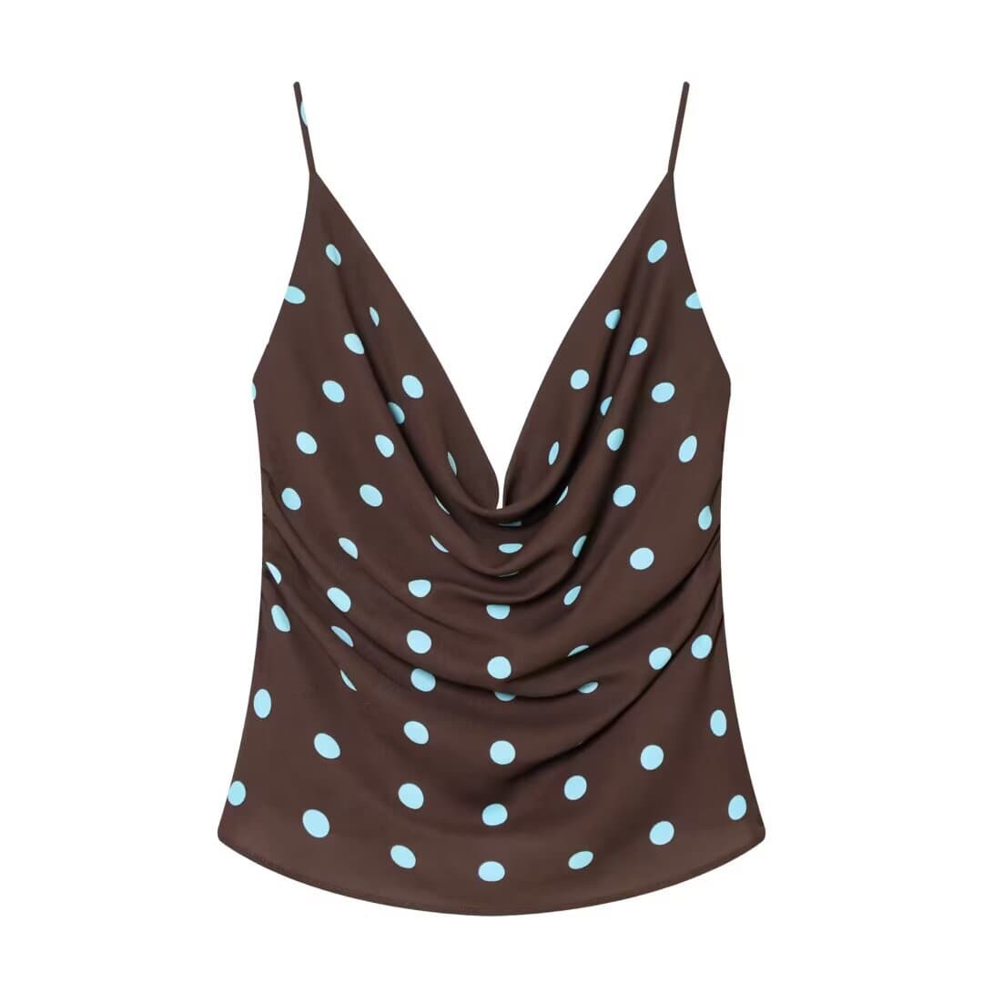 Vintage Polka Dot Cowl Neck Camisole Top - Women's Slim Fit Sleeveless Blouse For Casual Party Wear