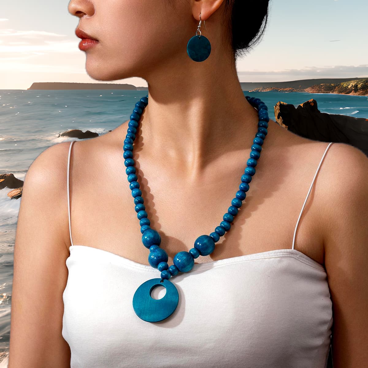 Fashionable Handmade Wooden Beaded Necklace And Earrings For Women