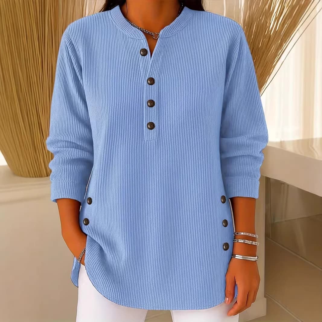Womens Solid-color Corduroy Casual V-neck Long-sleeve Top With Buttons