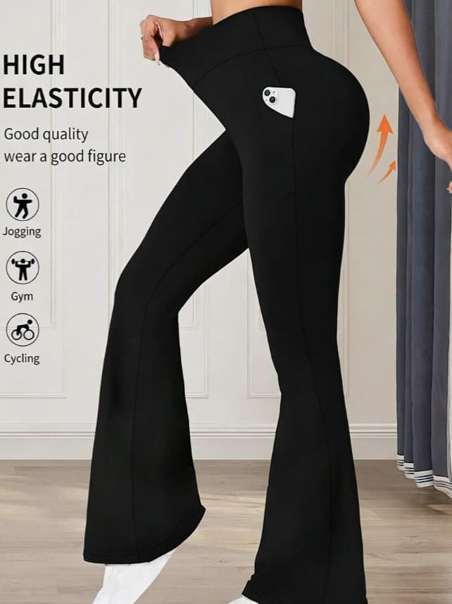 Womens Four-Season Flared Sports Pants With Diagonal Low-Rise Pockets For Yoga