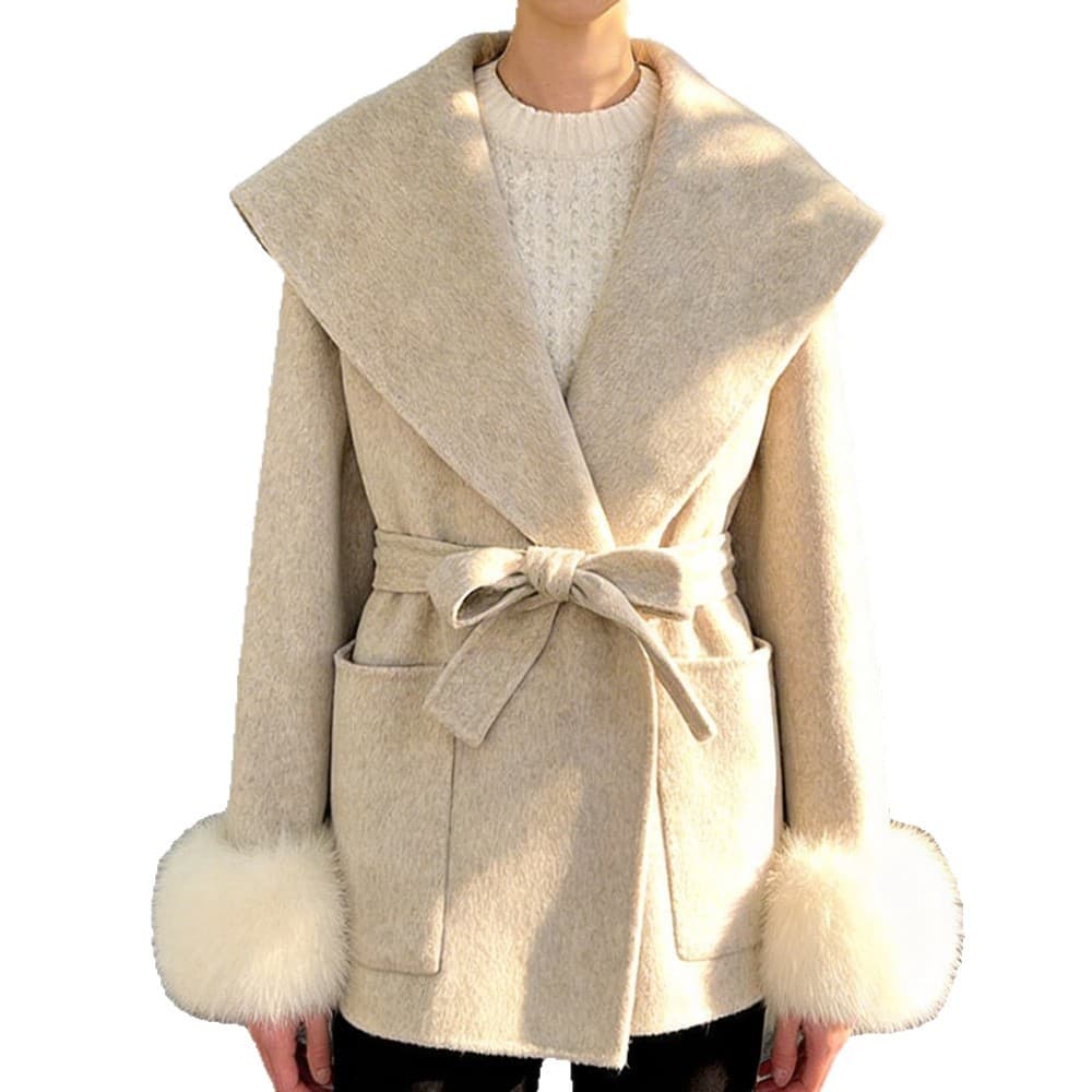 Women's Fox-fur Cuff Double-faced Wool Coat