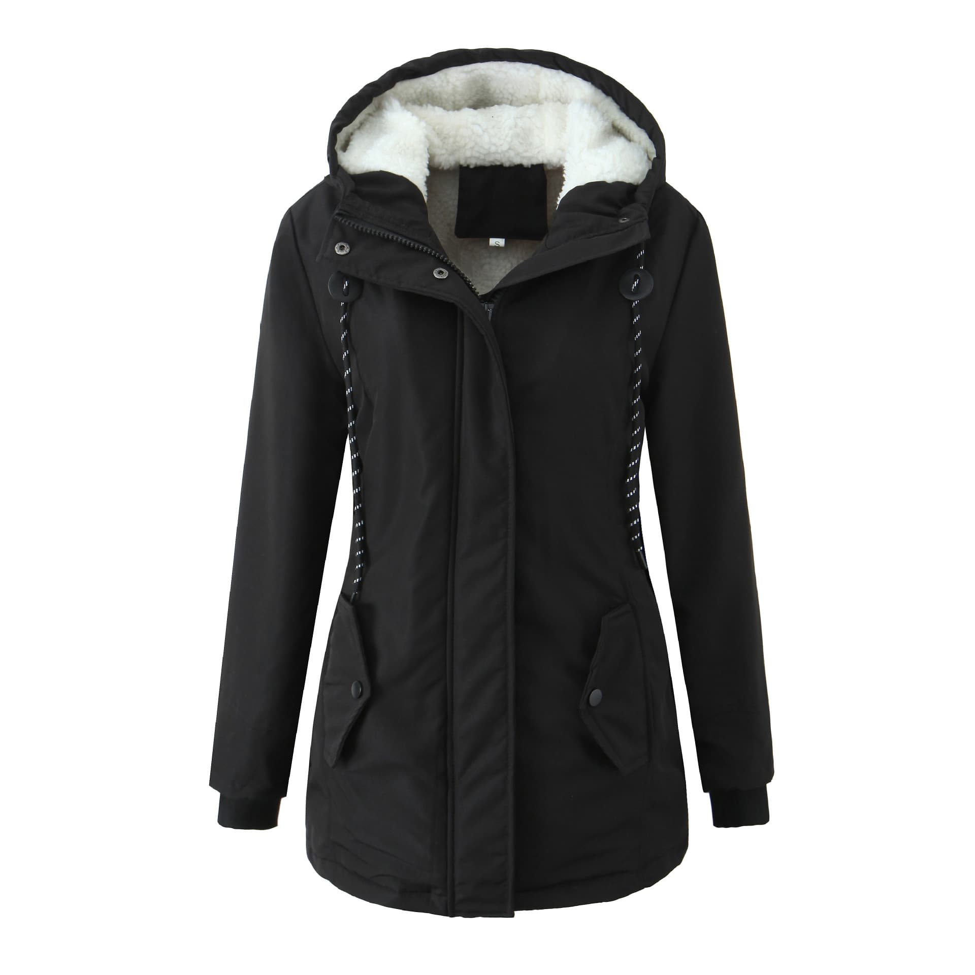 Women's Fallwinter Mid-length Hooded Cinched-waist Lambswool Coat