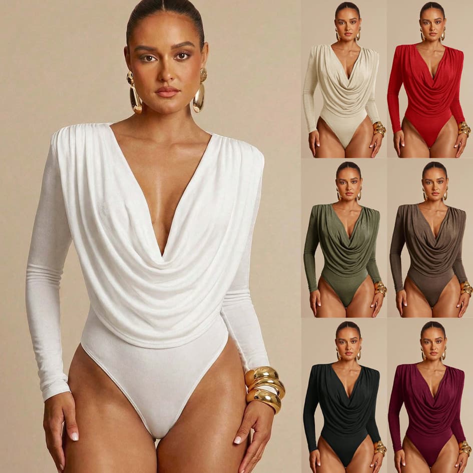 V-neck Long-sleeve Slim-fit Draped Jumpsuit