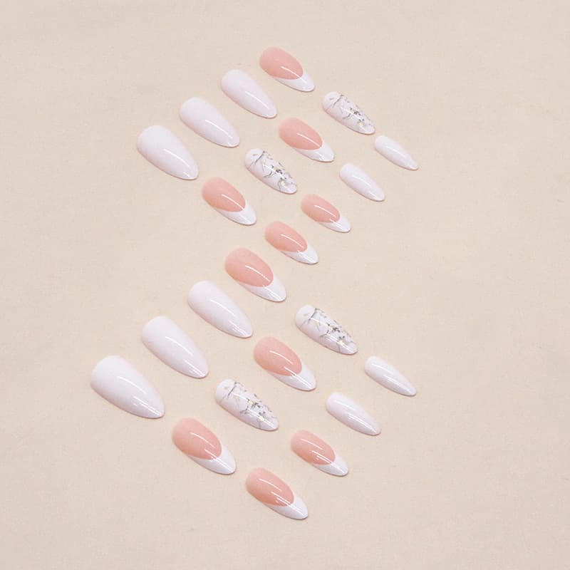 Almond-shaped White French Manicure With Messy Line Art On The Tips