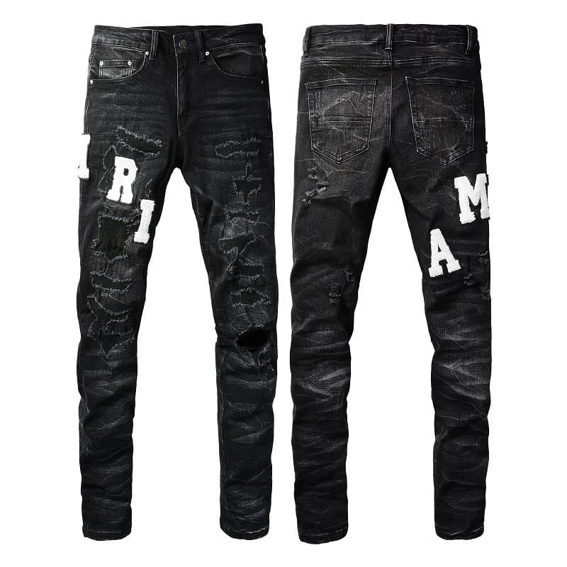 Letter-hole Distressed Thread Patch Stretch Slim-fit Ankle-length Pants