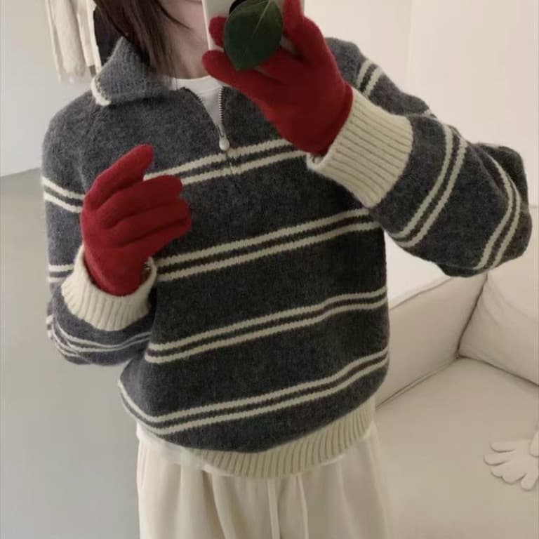 Striped Half Zipper And Lapel Knitted Pullover For Women