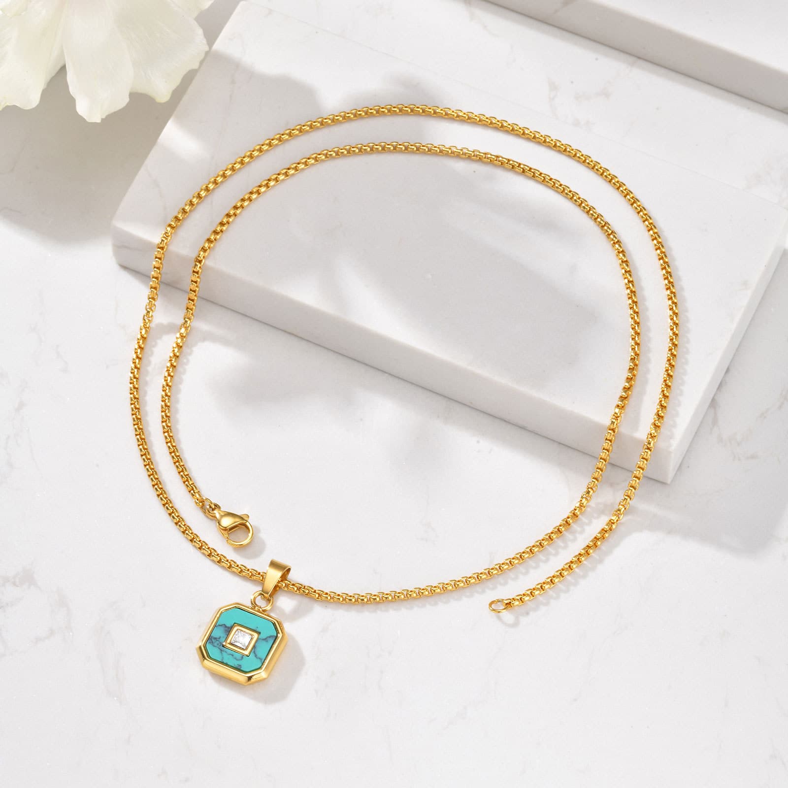 Stainless Steel Lapis Lazuli Zircon Square Pendant Necklace