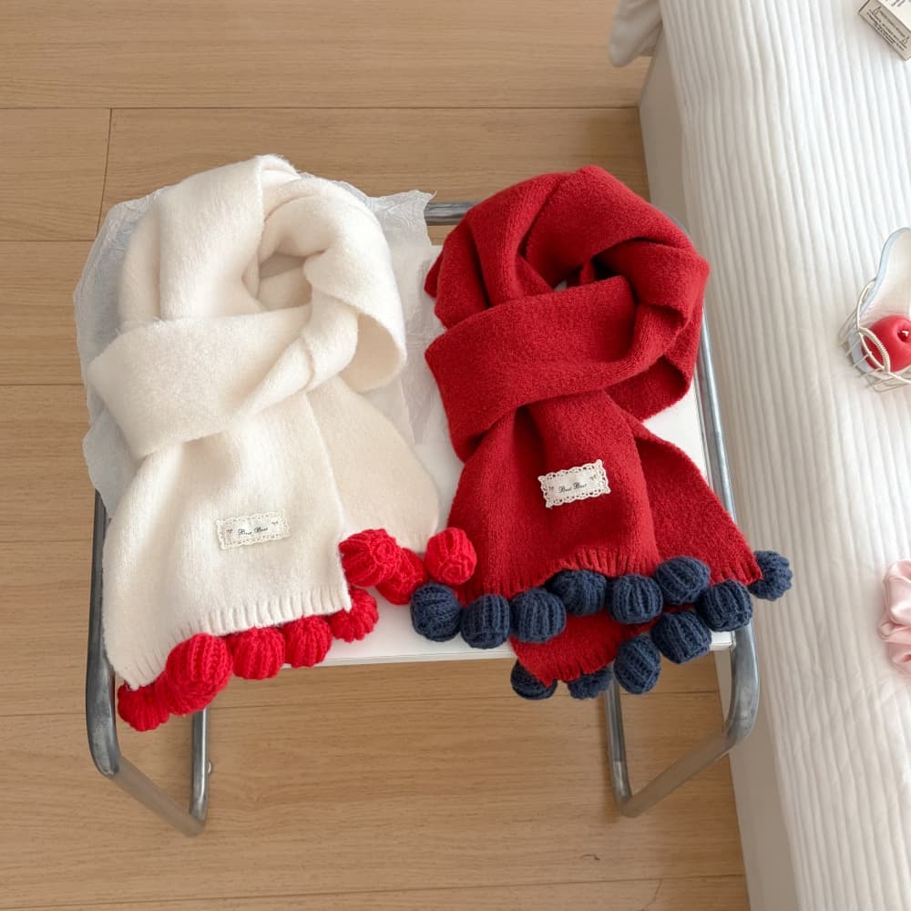 Color Block Knitted Scarf with Pom Poms - Women's Warm Winter Neck Warmer with Fabric Label Design for Outdoor Travel