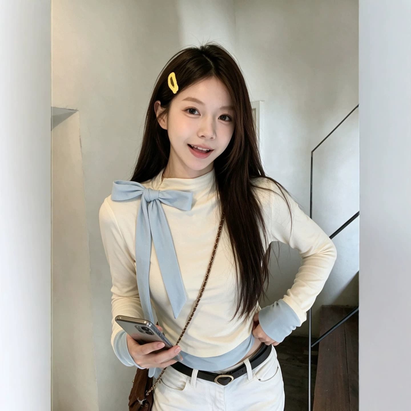 Light Blue Long-sleeved Blouse With A Bow For Women