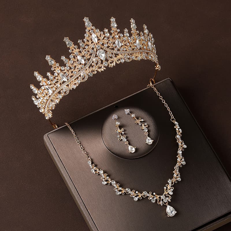 Crown Headdress Necklace Earrings Champagne Gold Vintage
