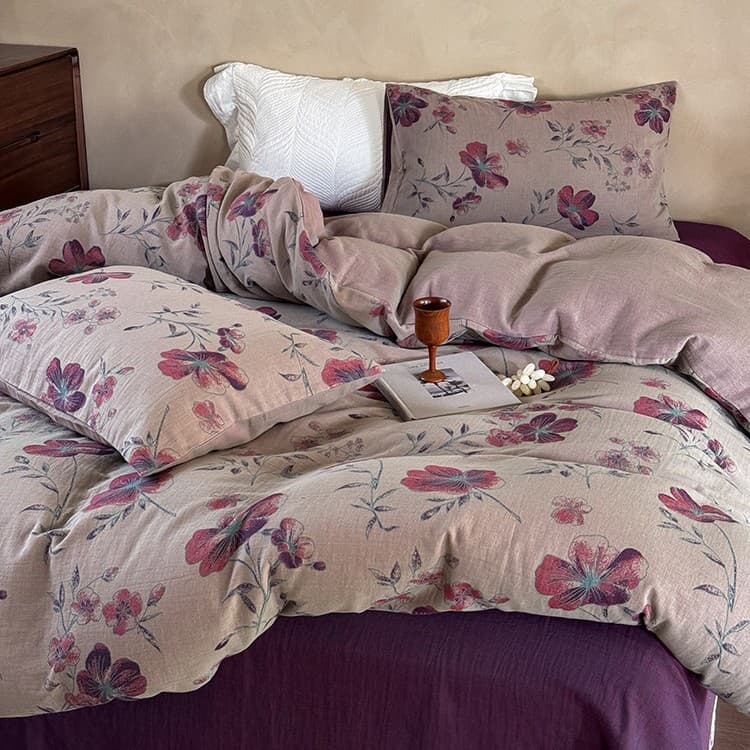Retro-style Chestnut Jacquard Double-layer Gauze Four-piece Bed Sheet And Duvet Cover Set