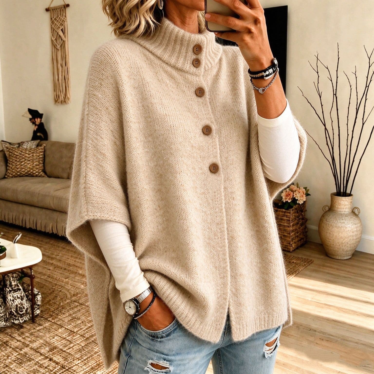 Women's Half-High Neck Cloak-Style Short-Sleeve Sweater Cardigan