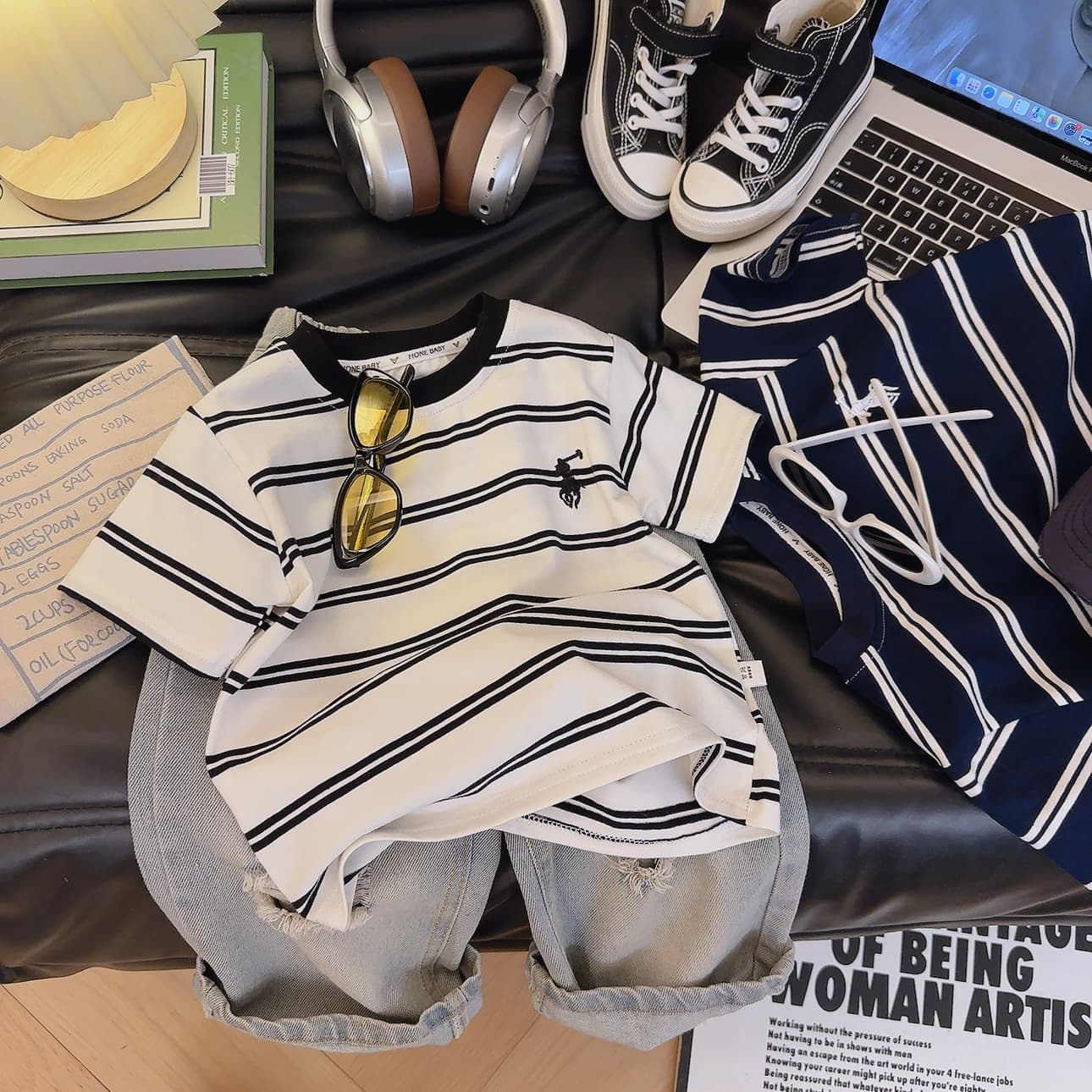 Children's Retro-Style Coffee-Colored Striped Short-Sleeve T-Shirt