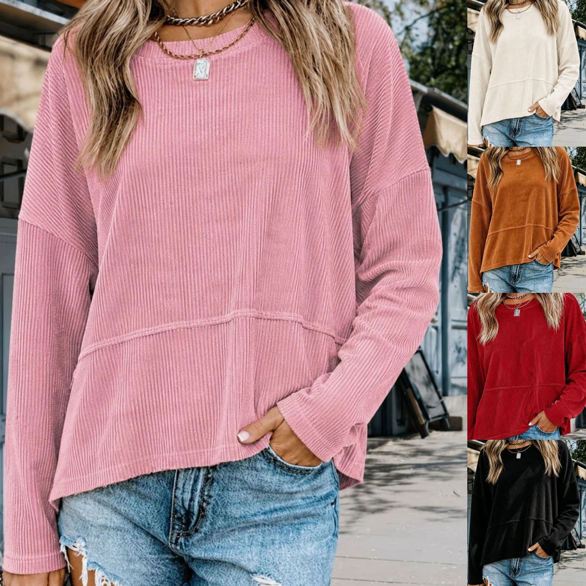 Women's Fashionable Casual Round-Neck Loose-Fit Long-Sleeve Top