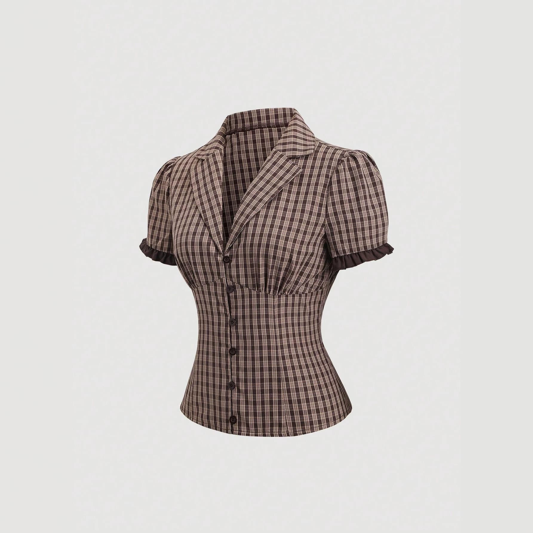 Summer New Wave Lace Patchwork Lapel Slim-fit Plaid Short-sleeve Shirt
