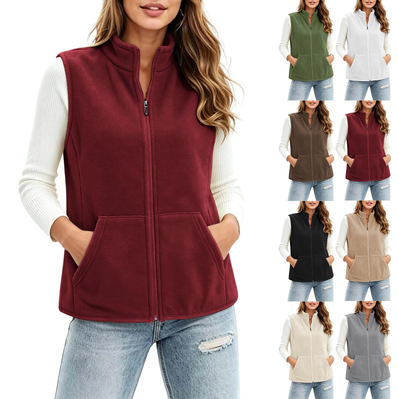 Womens Solid-Color Zippered Fleece Vest Warm Padded And Thickened Casual European And American