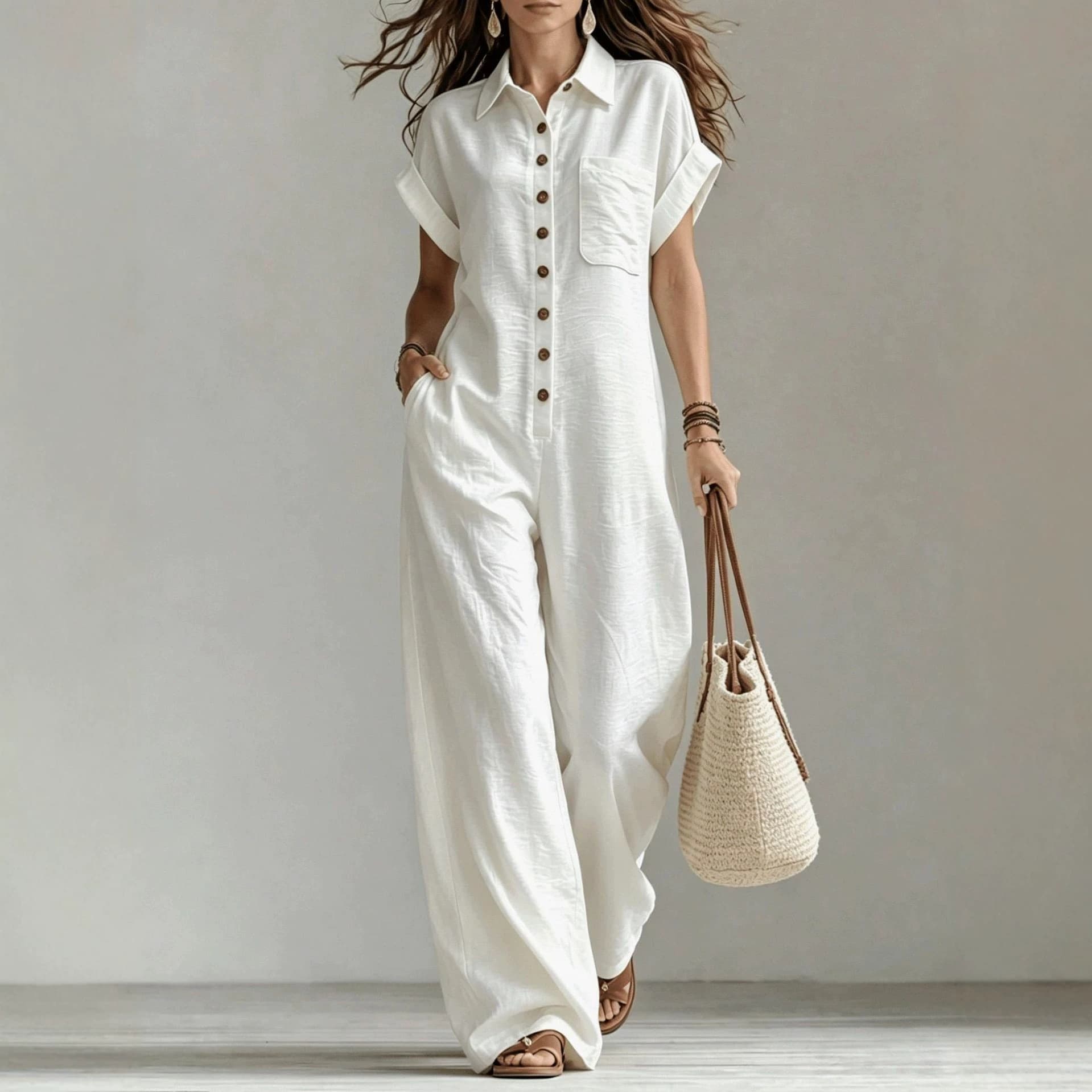 Loose-fitting Short-sleeve Button-front Wide-leg Jumpsuit