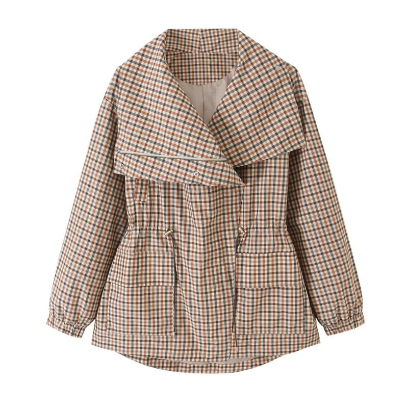 Womens Autumn Turn-down Collar Plaid Drawstring-waist Trench Coat