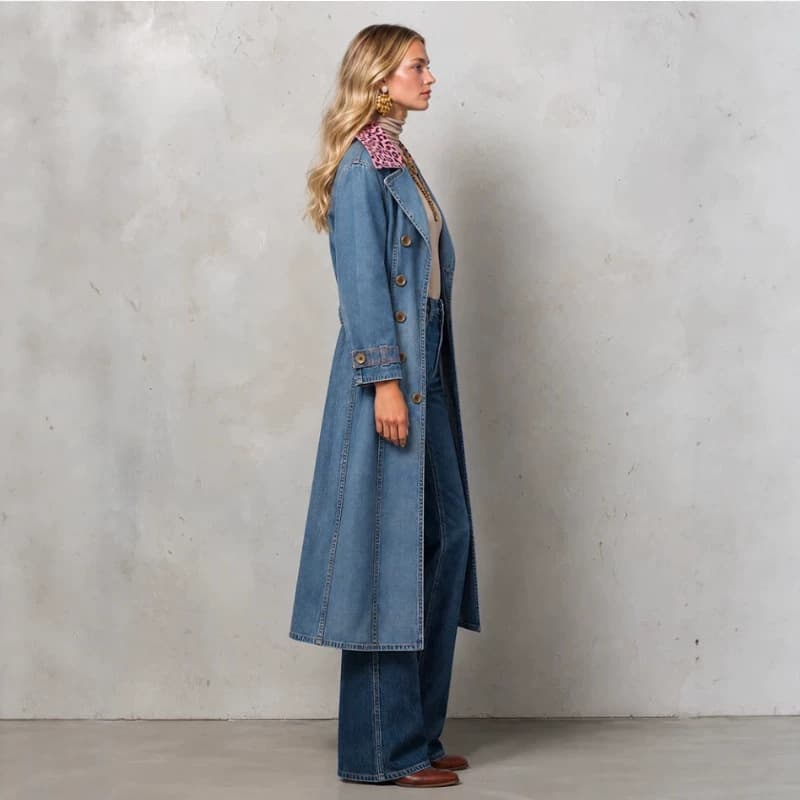 New Womens Denim Trench Coat With A Leopard-print Collar