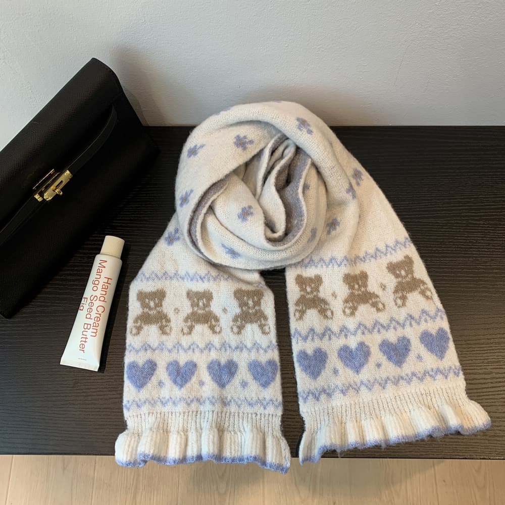 Double-Sided Jacquard Knit Scarf With Bear And Heart Pattern Warm Neck Warmer Soft Cozy Shawl