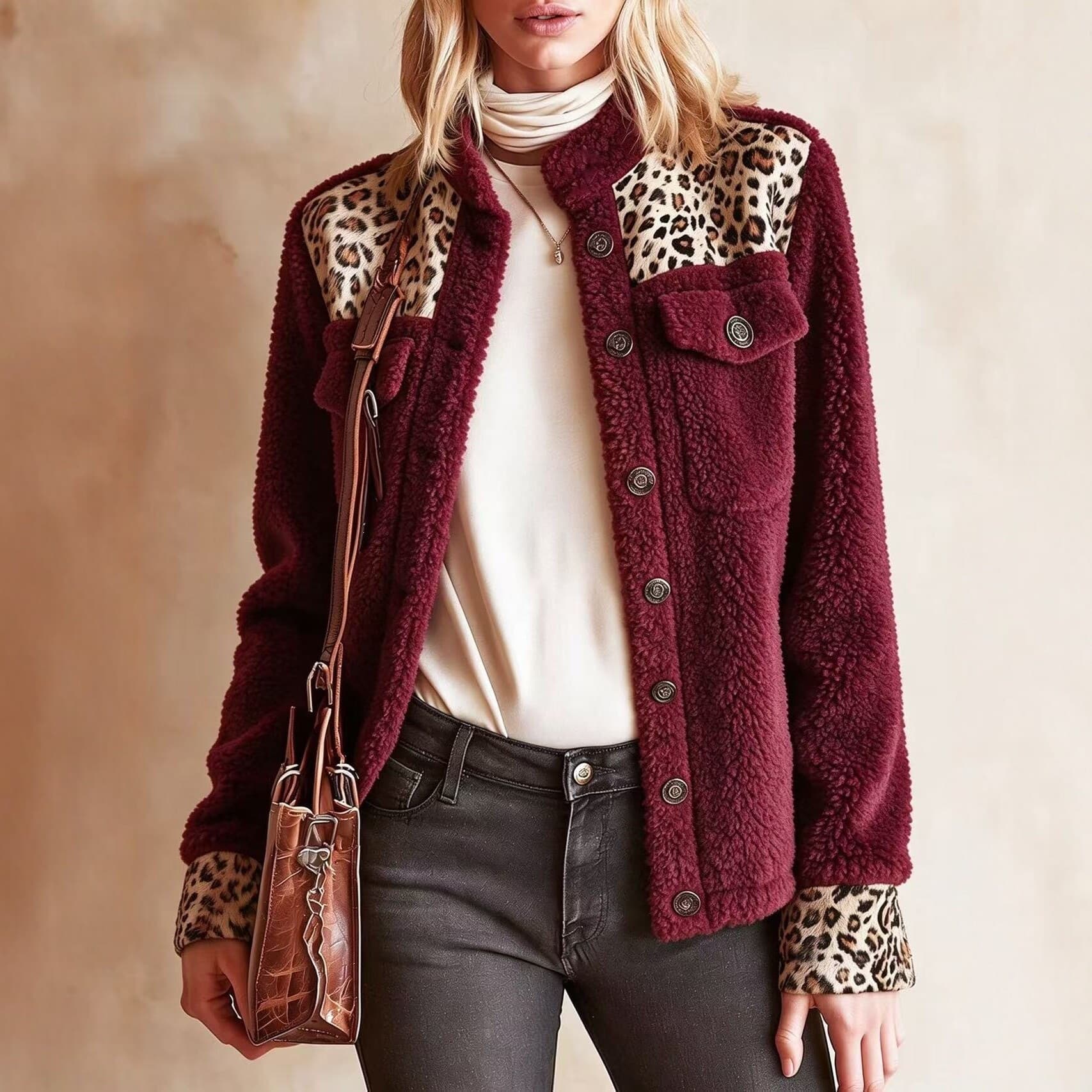 Women's Retro Leopard-Print Patchwork Plush Coat