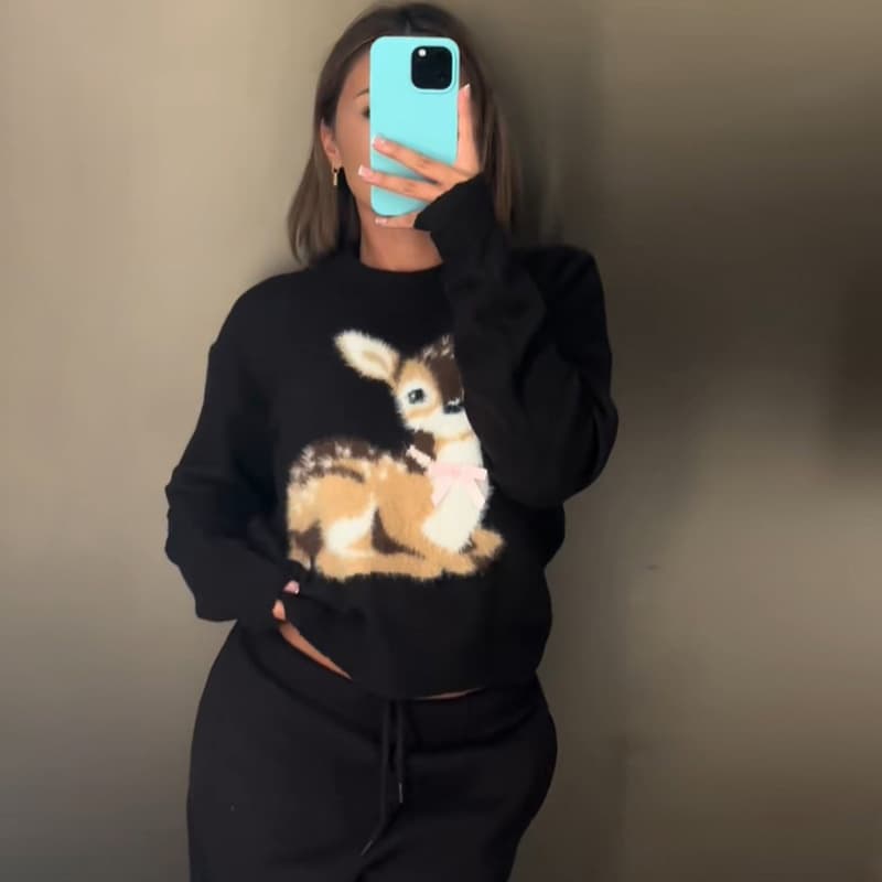 Women's Knitted Sweater Round Neck Deer Jacquard Bow Loose Sweater