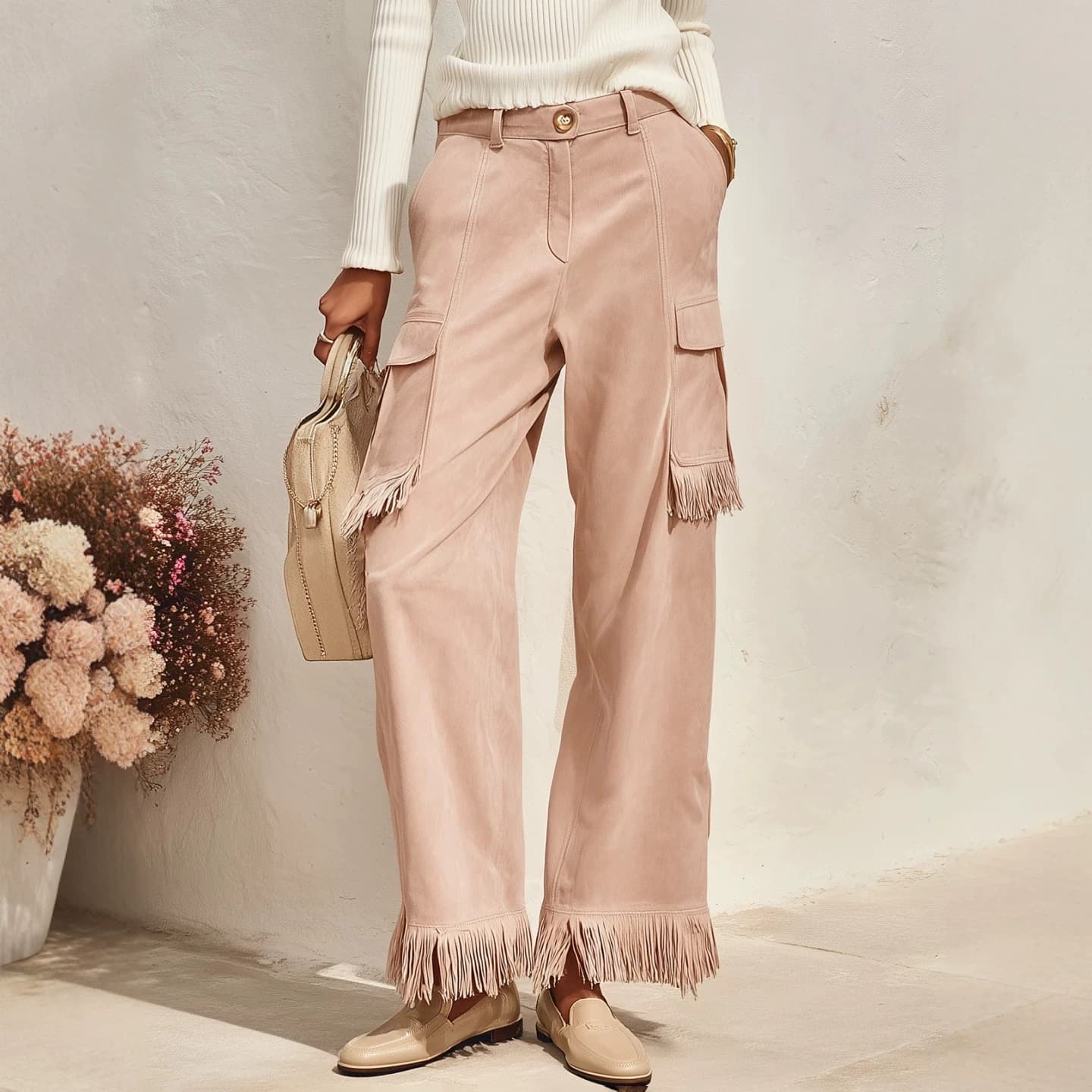 Suede Fleece Tassel Loose-Fit Slimming Workwear Wide-Leg Pants For Women