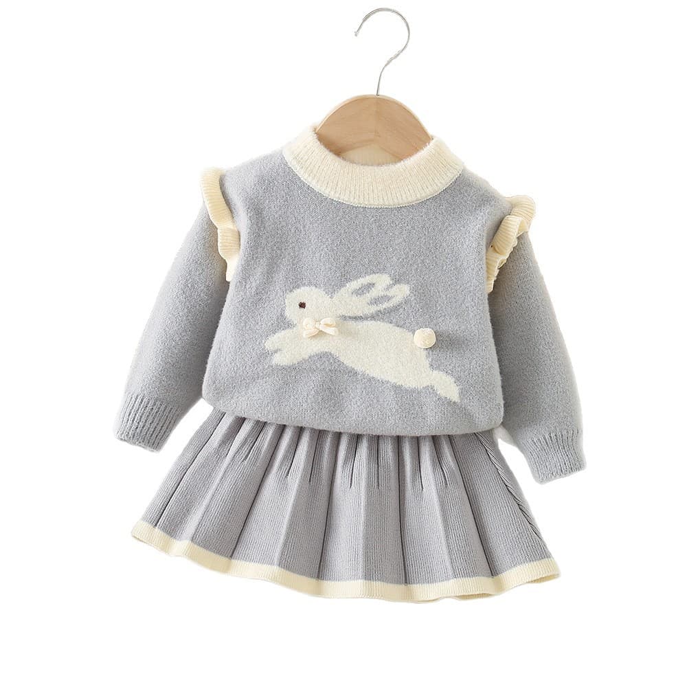 Girls Knitted Pullover Top And Skirt Two-Piece Set