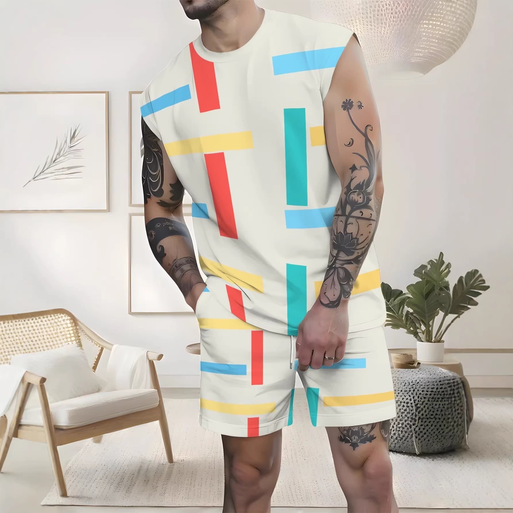 Men's Minimalist Two-piece Set Featuring A Striped Print With Contrasting Colors Top And Shorts