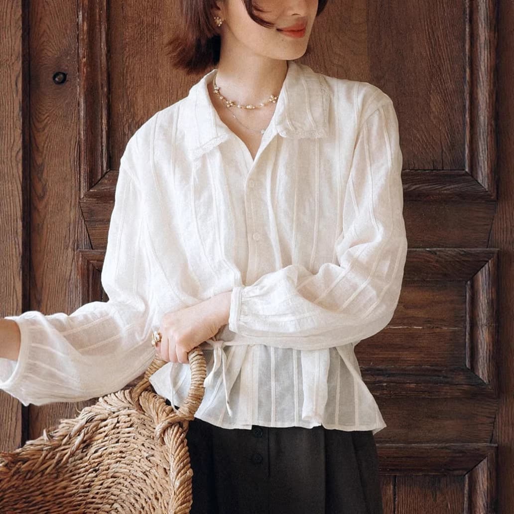 Womens Striped Jacquard Defined-Waist French-Style Shirt