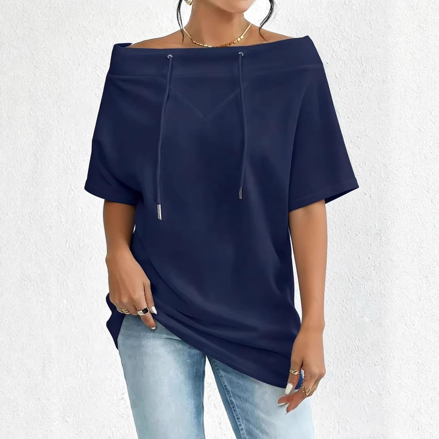 Womens Loose-fitting Casual Off-shoulder Short-sleeve Top With Drawstring Hem