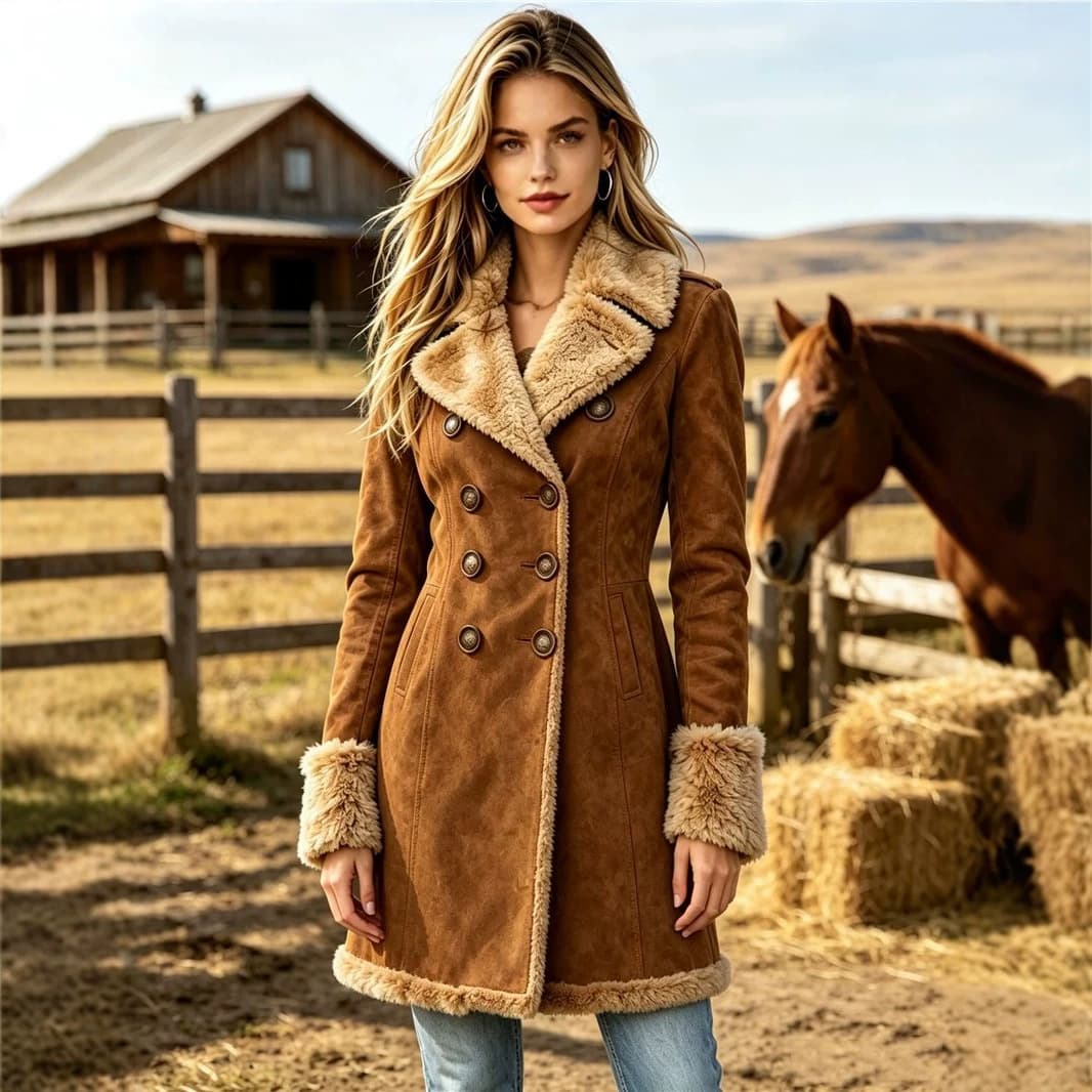 Western Retro Denim-Style Suede Fleece Warm Long Coat With Turn-Down Collar For Women