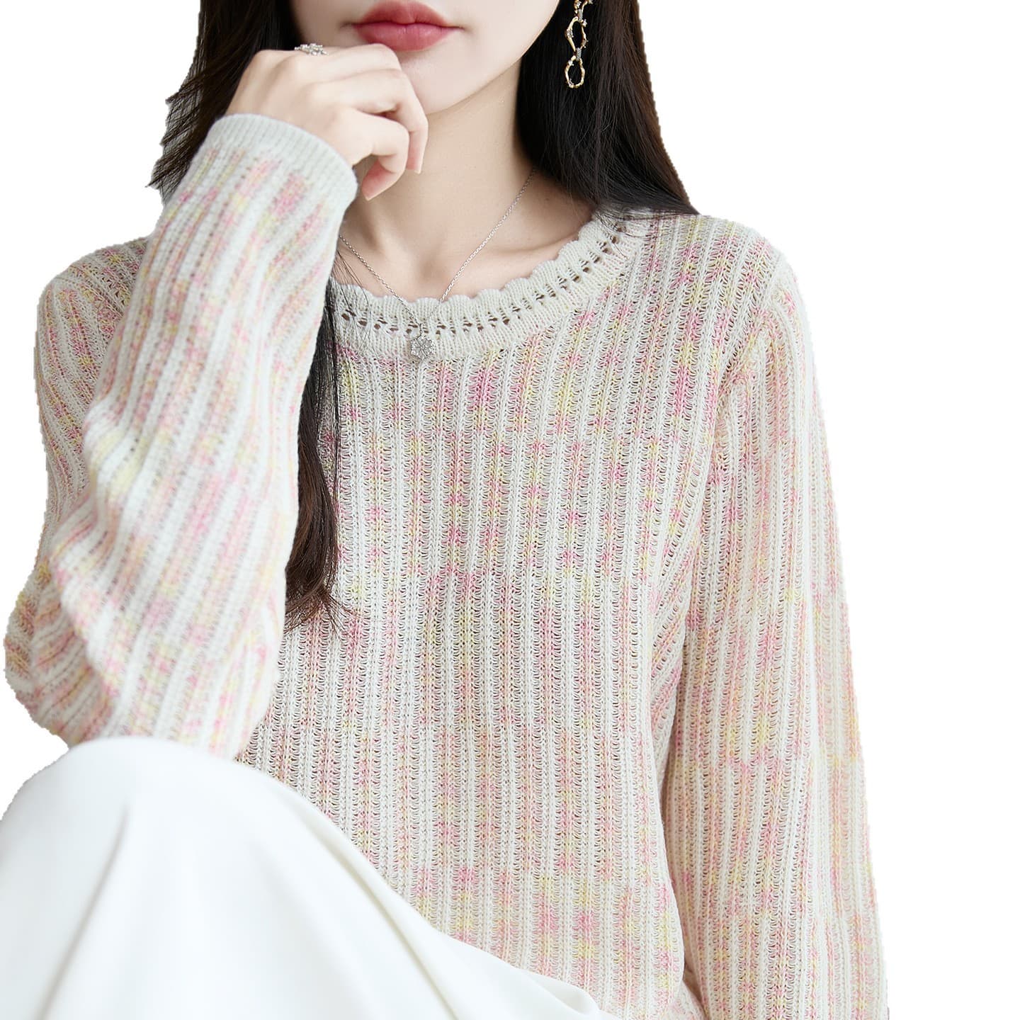 Hollow-out Crew-neck Wool Sweater For Women Made From Fine-knit Breathable Fabric