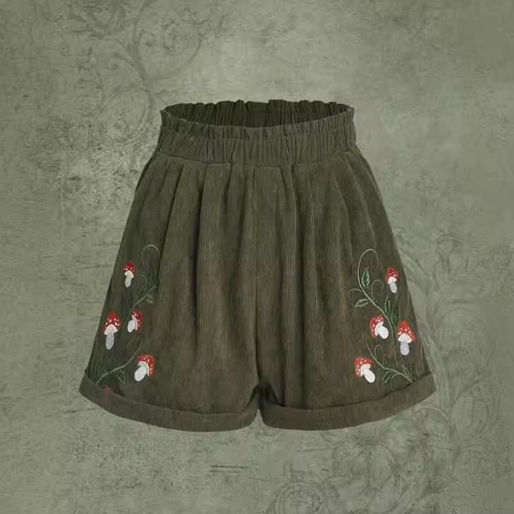 Corduroy Mushroom Embroidered Elastic-Waist Casual Shorts