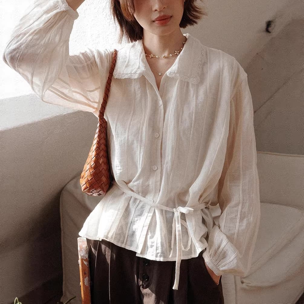 Womens Striped Jacquard Defined-Waist French-Style Shirt