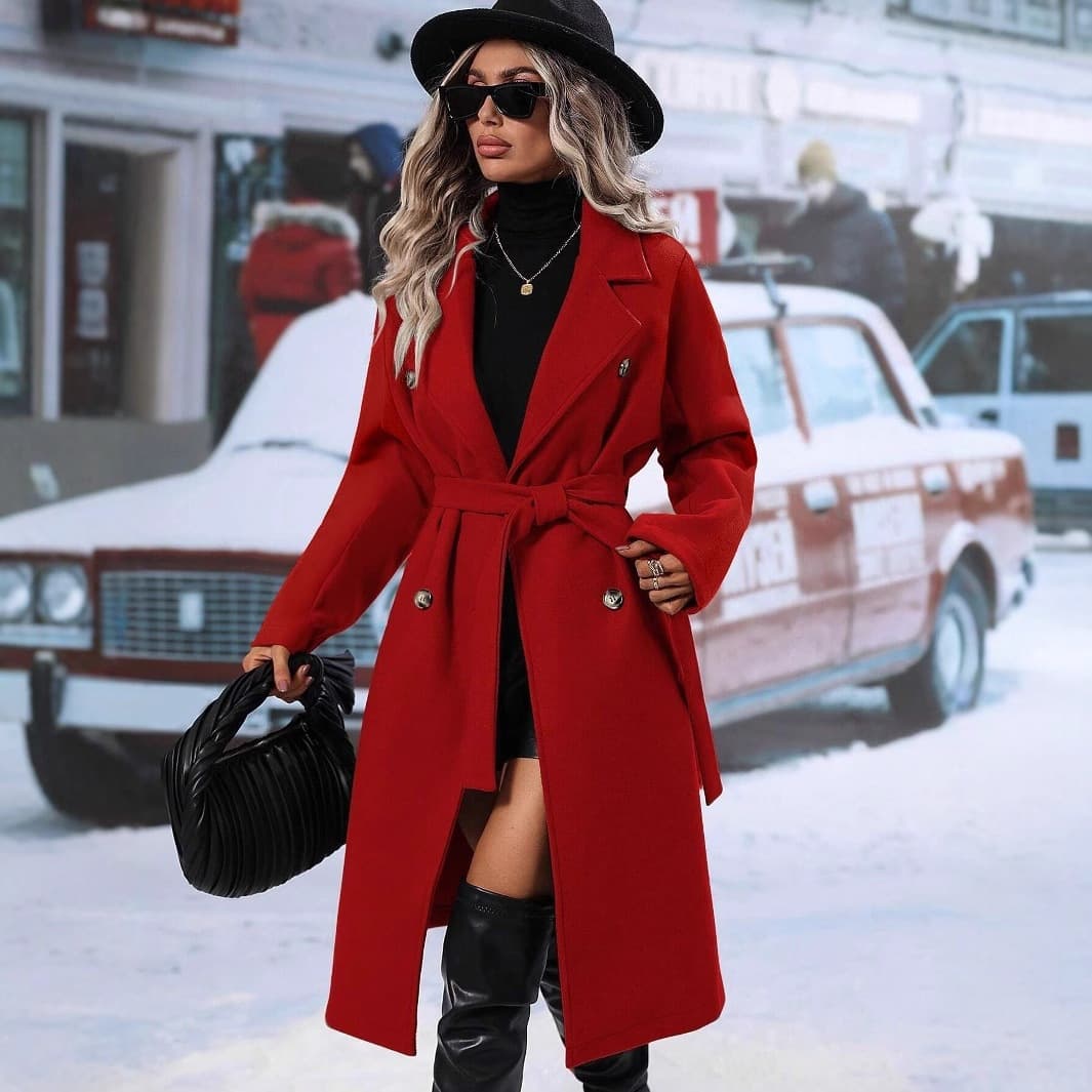 Solid-color Lapel Thickened Woolen Belted Double-breasted Coat