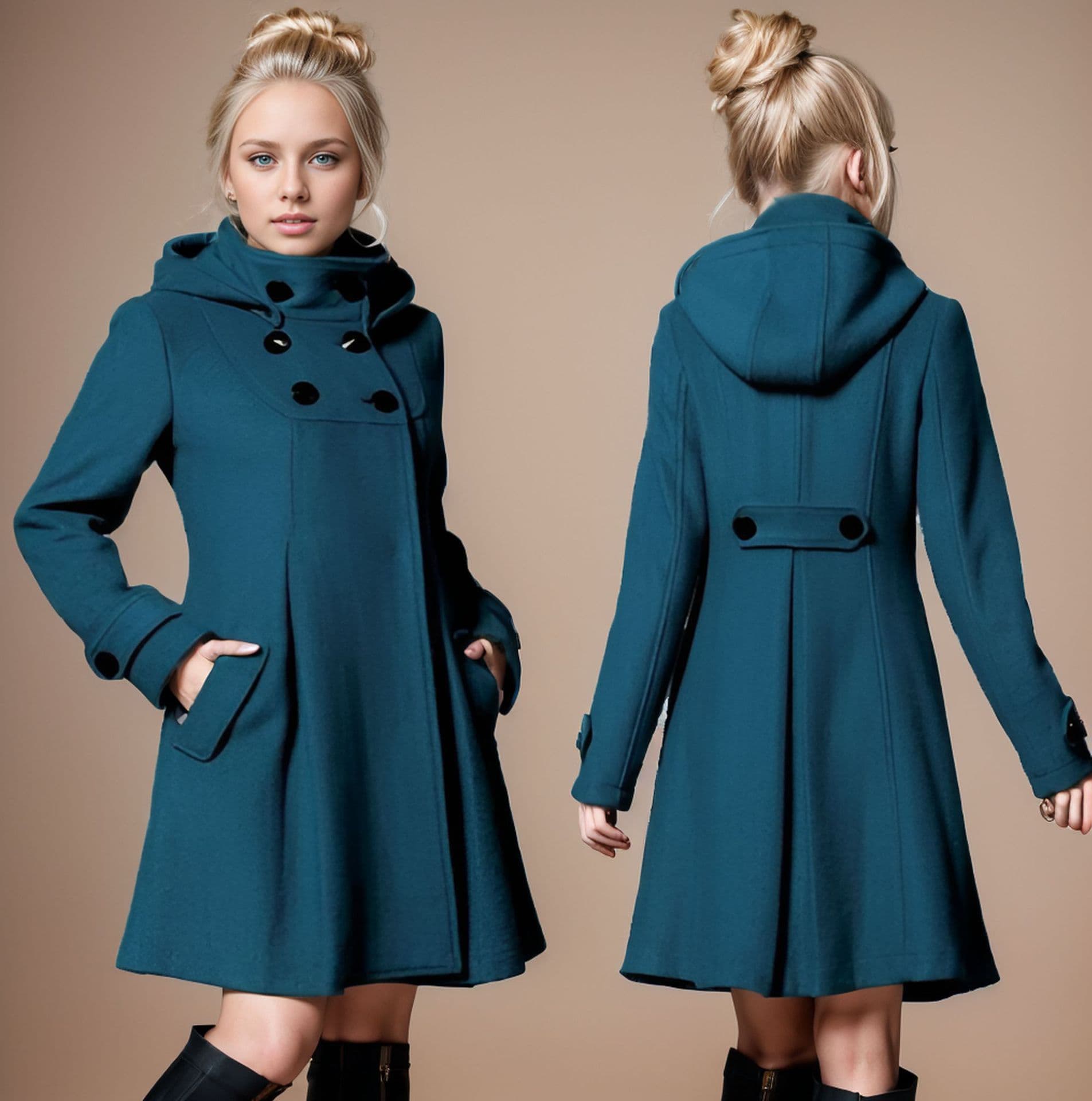 Women's Wool Blend Hooded Mid-Length Double Breasted Cape Trench Coat