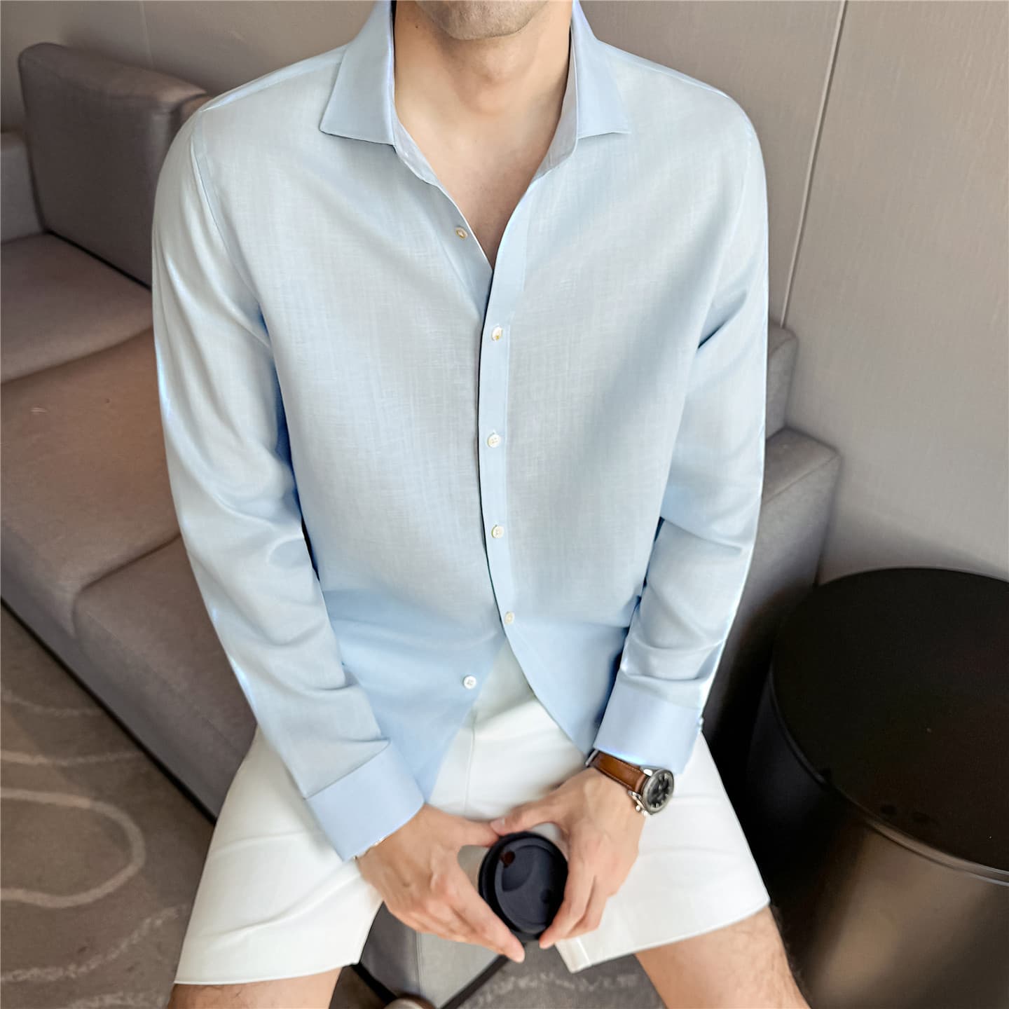 Lyocell-linen-cotton Blend Summer Square-neck Shirt