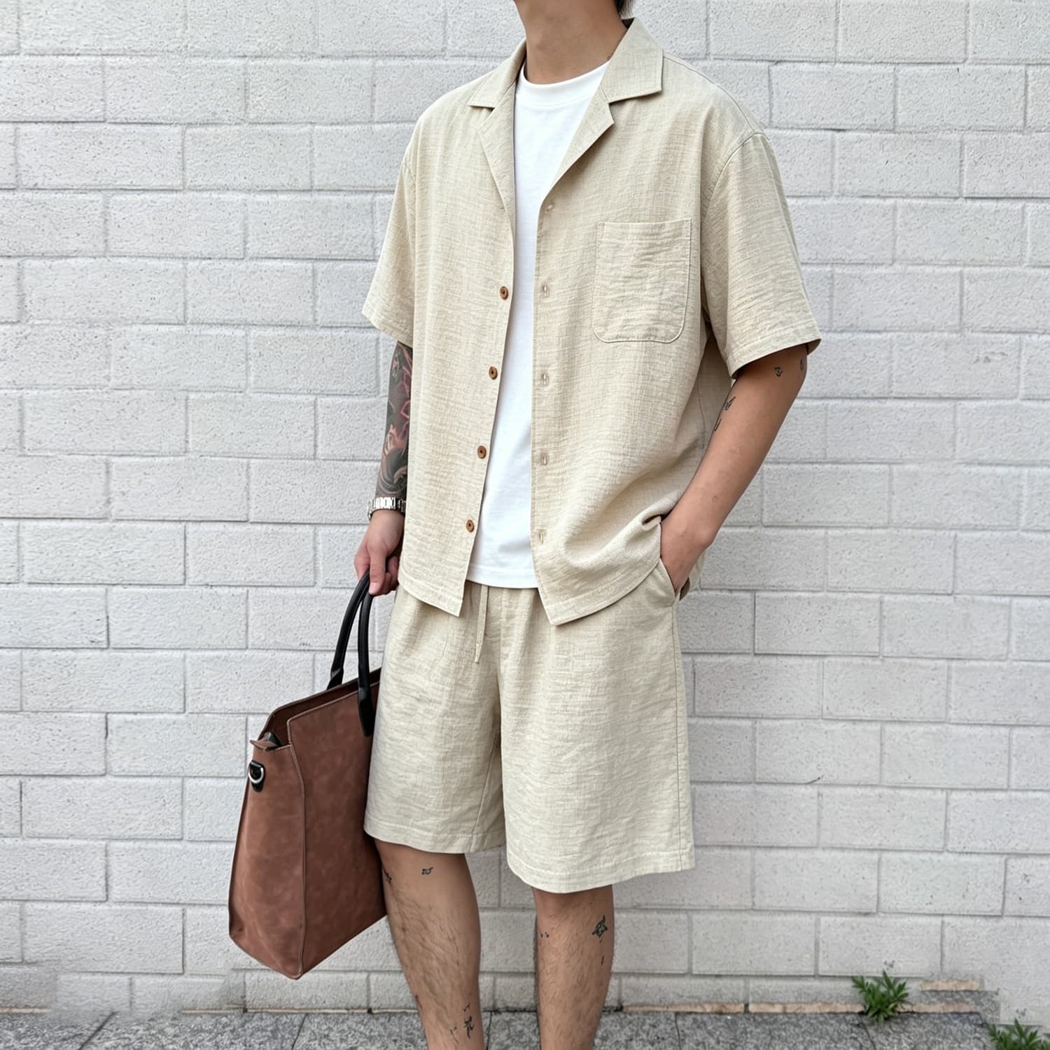 Summer New Hong Kong-style Mens Short-sleeve And Shorts Set