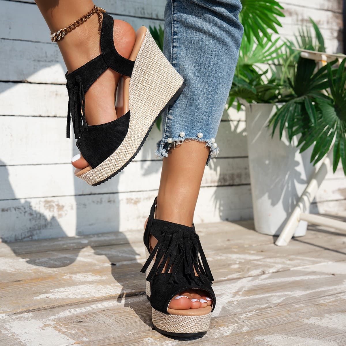 Fringe Peep-toe Wedge Sandals For Women