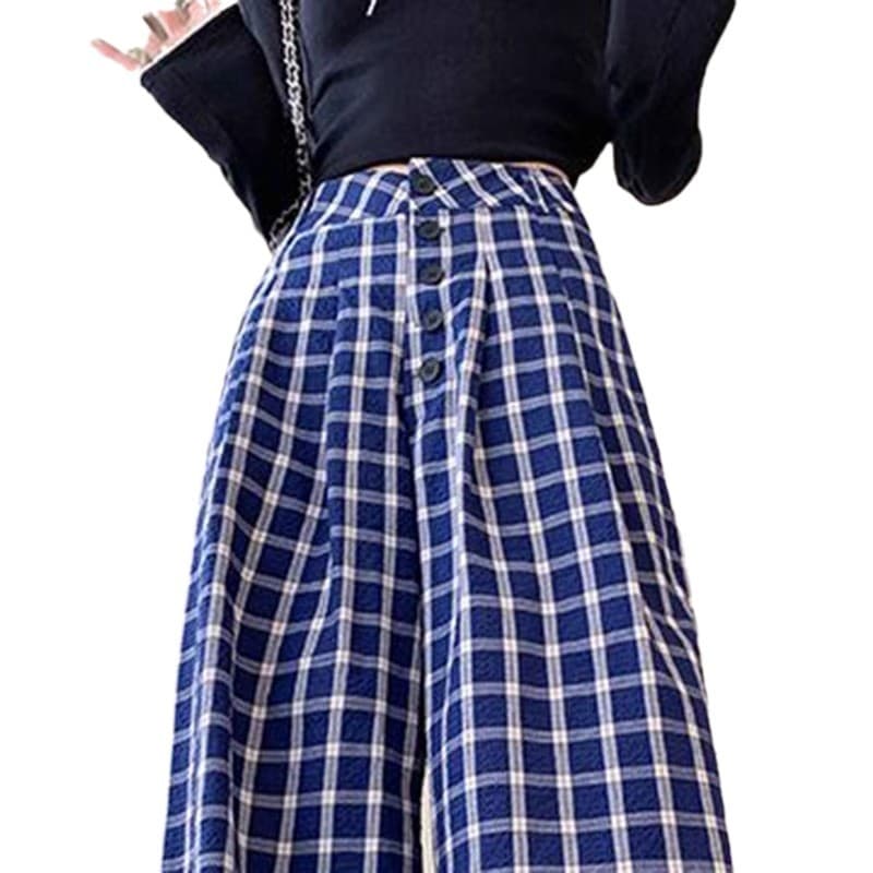 Womens Blue Plaid Casual Straight-leg Pants