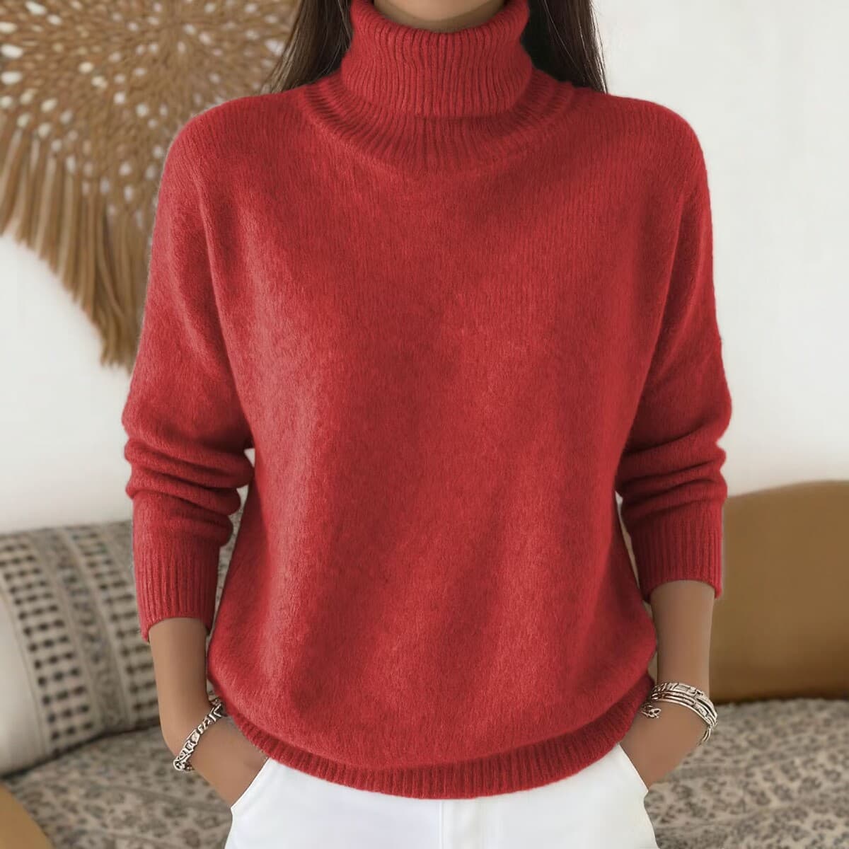 Womens Loose-fitting Solid-color Turtleneck Pullover Knit Sweater