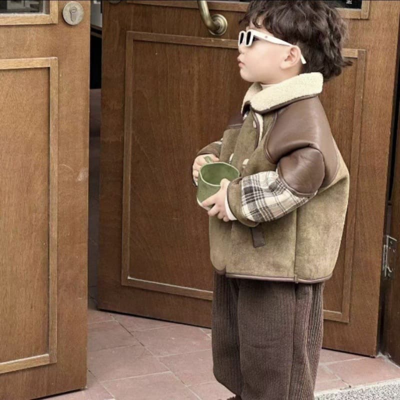 Winter Maillard-style Korean-Style Alpaca Wool Colorblock Plaid Coat For Baby Boys And Girls