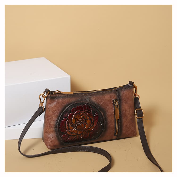 Soft-leather Vintage Ethnic-style Casual Shoulder Bag Hand-carved Leather For Women