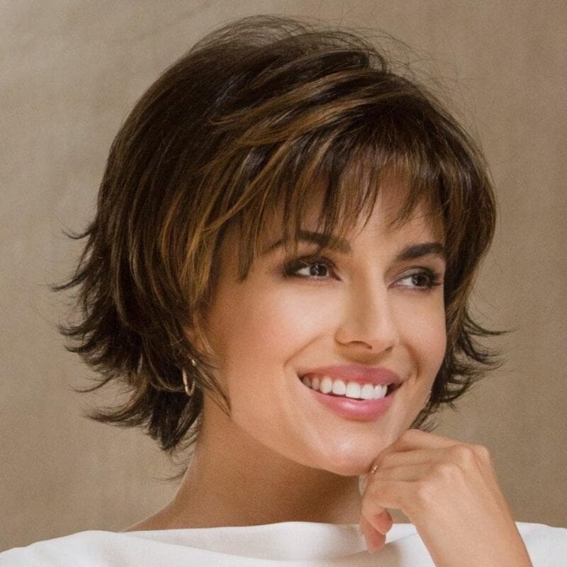 Voluminous Short Bangs Dark Brown Womens Wig With Outward-curving Short Curls