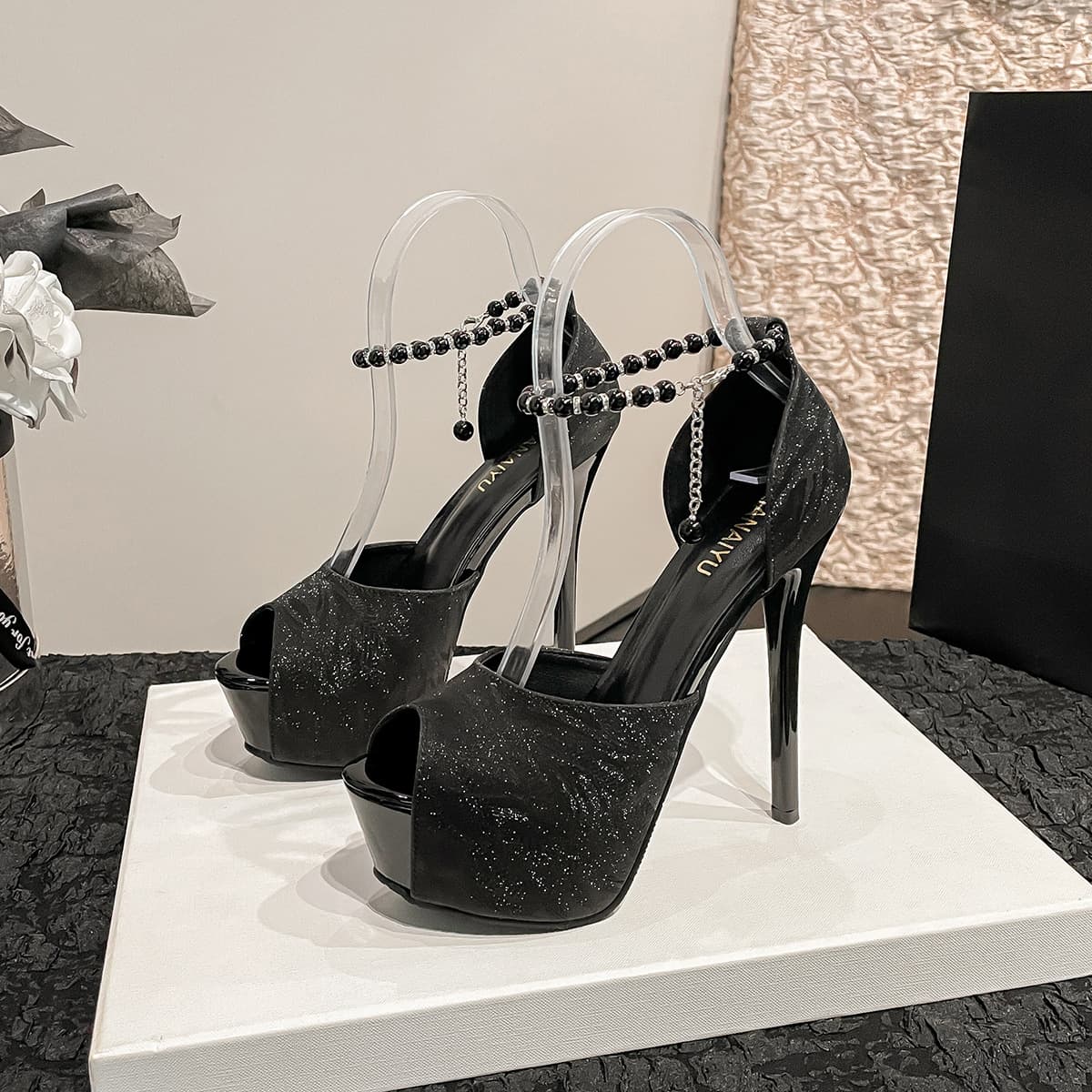 Fashionable Ultra-high-heeled Fish-mouth Glittery Sandals With A Platform