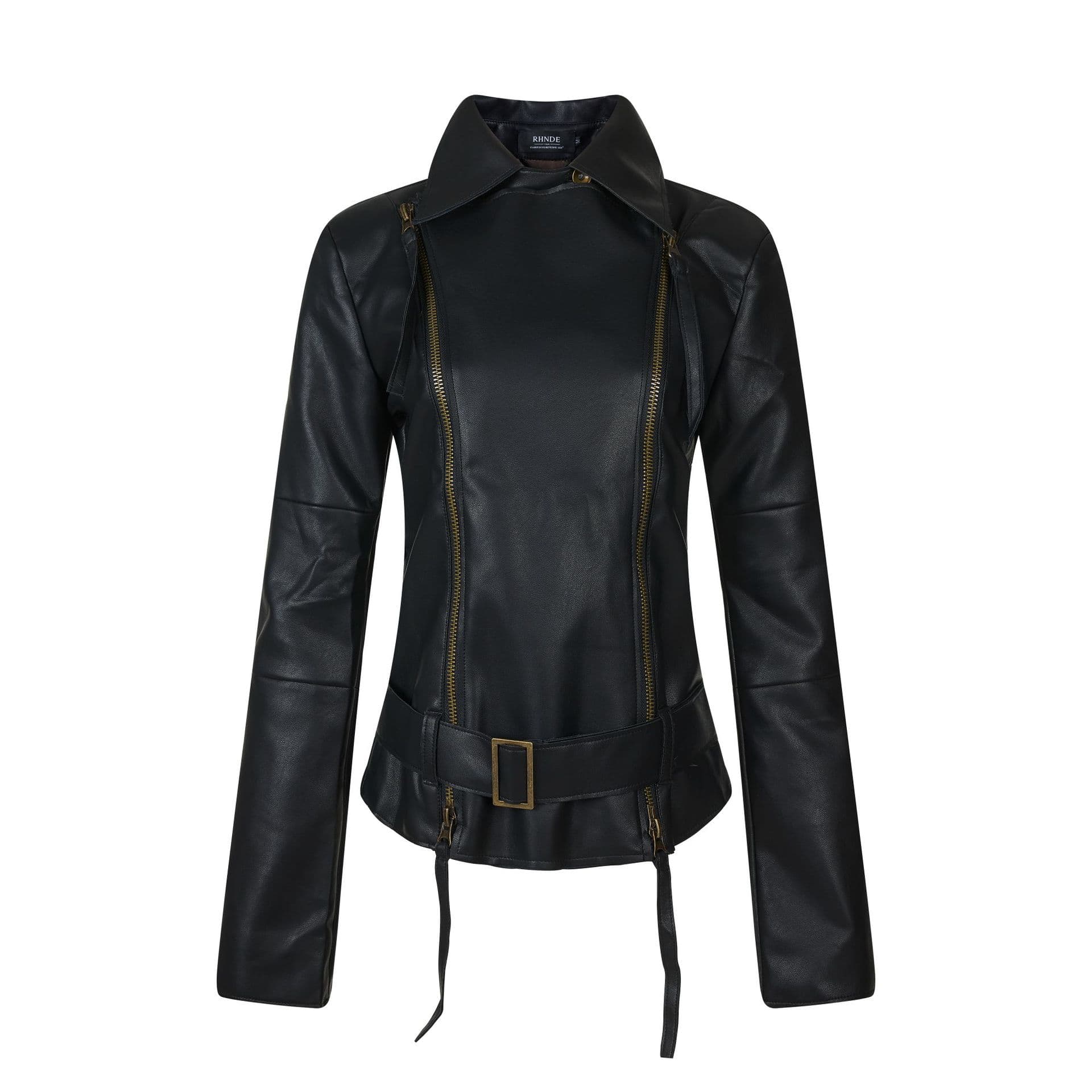 Womens American-style Dark-chic Leather Biker Jacket With A Stand-up Collar And Belt