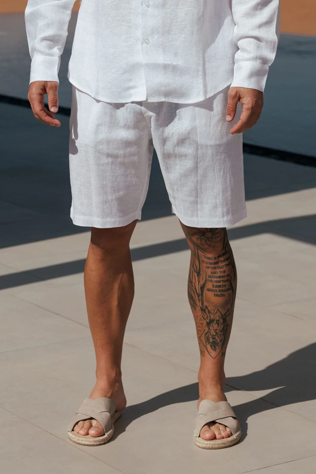 Cuban-style Long-sleeve Button-down Shirt Elastic-waist Shorts